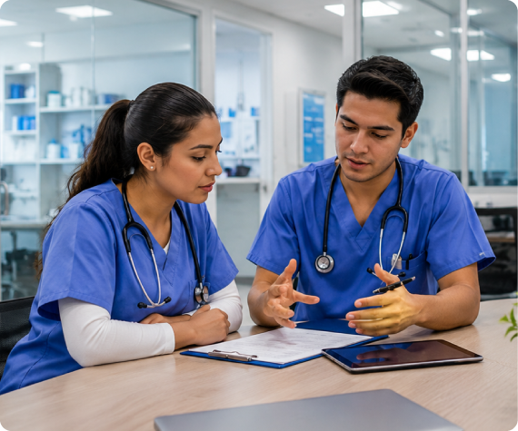 Equipo de enfermería en junta de trabajo